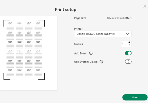 Screen shot of the printer setup in Cricut Design Space