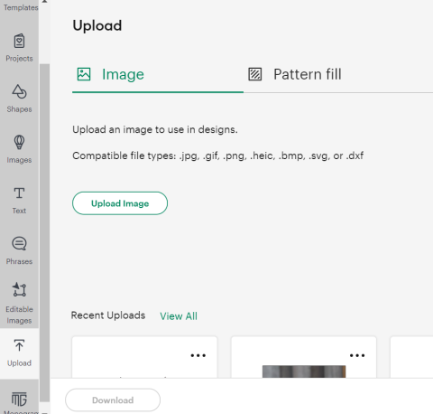 Image of upload screen in Cricut Design Space.